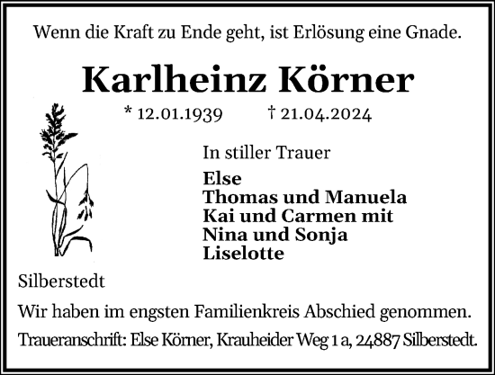 Traueranzeige von Karlheinz Körner von Schleswiger Nachrichten, Schlei-Bote