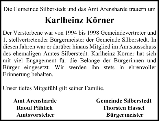 Traueranzeige von Karlheinz Körner von Schleswiger Nachrichten, Schlei-Bote