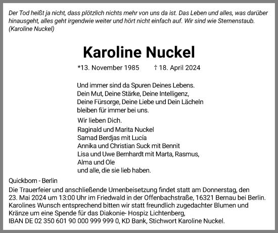 Traueranzeige von Karoline Nuckel von Region Pinneberg und tip Pinneberg