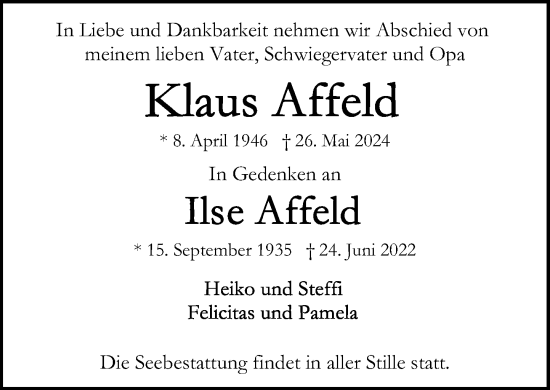 Traueranzeige von Klaus Affeld von Stormaner Tageblatt