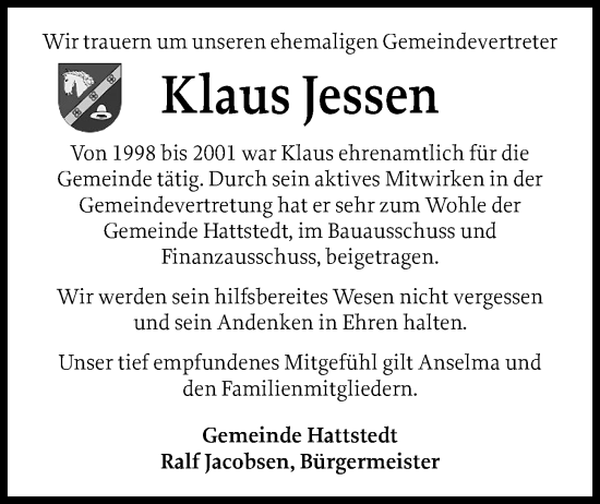 Traueranzeige von Klaus Jessen von Husumer Nachrichten, Nordfriesland Tageblatt