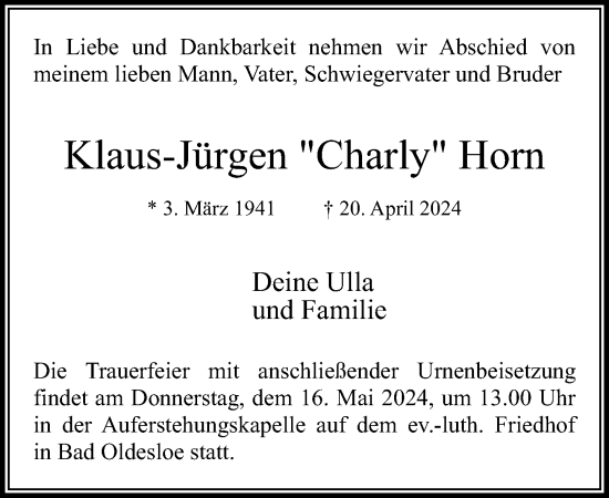 Traueranzeige von Klaus-Jürgen Horn von Stormaner Tageblatt
