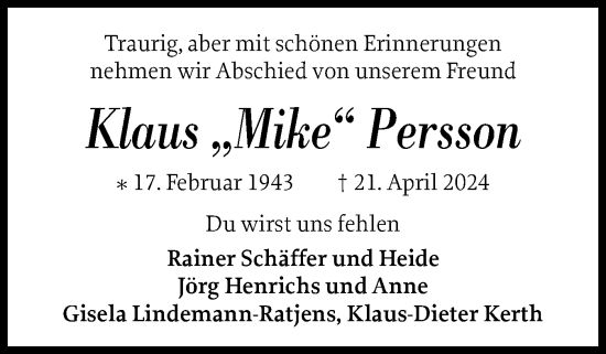 Traueranzeige von Klaus Persson von Flensburger Tageblatt