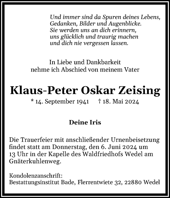 Traueranzeige von Klaus-Peter Oskar Zeising von Wedel-Schulauer Tageblatt, tip Wedel-Schulauer Tageblatt, tip Rissener Rundschau