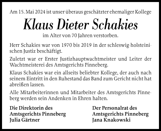 Traueranzeige von Klaus Dieter Schakies von Region Pinneberg und tip Pinneberg