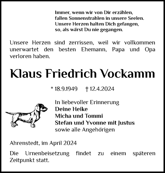 Traueranzeige von Klaus Friedrich Vockamm von Schleswig-Holsteinische Landeszeitung