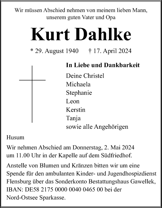 Traueranzeige von Kurt Dahlke von Husumer Nachrichten, Nordfriesland Tageblatt