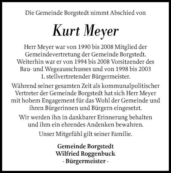 Traueranzeige von Kurt Meyer von Schleswig-Holsteinische Landeszeitung
