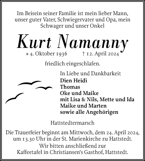 Traueranzeige von Kurt Namanny von Husumer Nachrichten, Nordfriesland Tageblatt