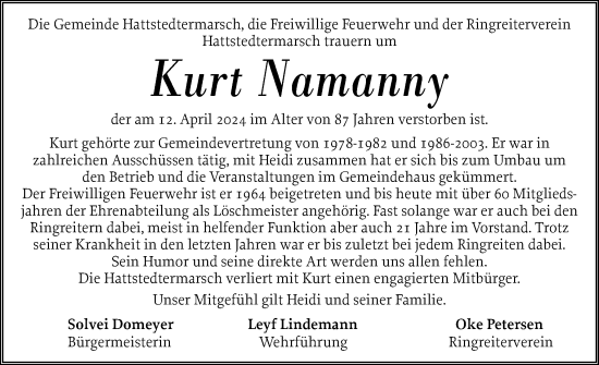 Traueranzeige von Kurt Namanny von Husumer Nachrichten, Nordfriesland Tageblatt