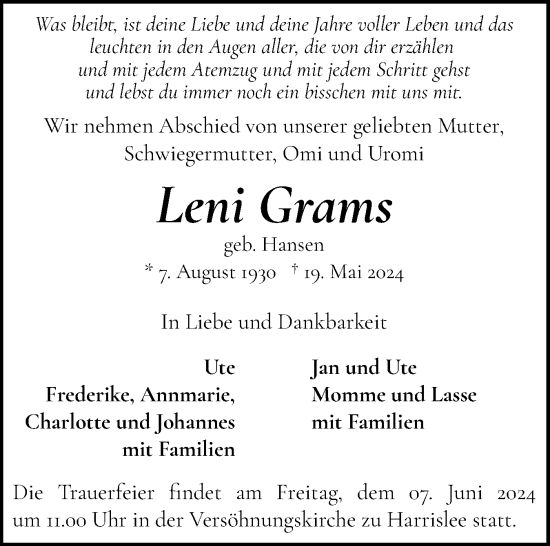 Traueranzeige von Leni Grams von Flensburger Tageblatt