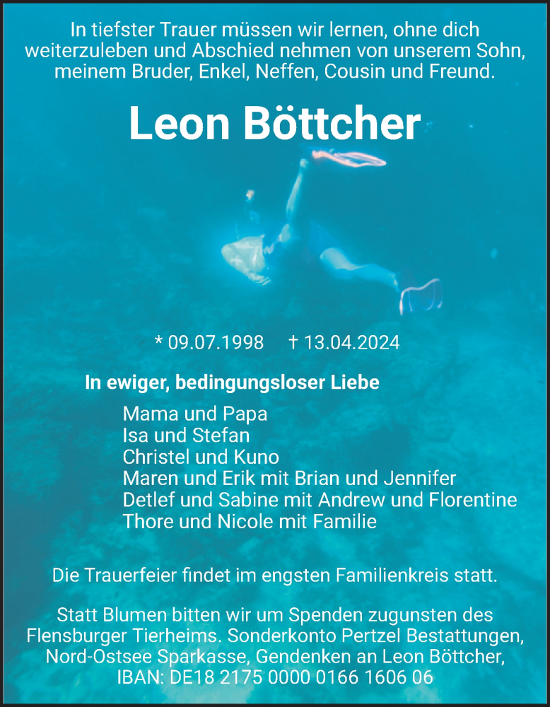  Traueranzeige für Leon Böttcher vom 04.05.2024 aus Flensburger Tageblatt