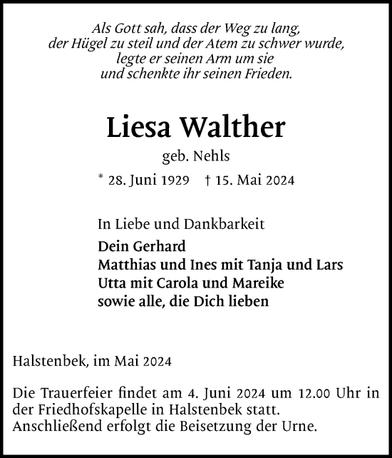 Traueranzeige von Liesa Walther von Region Pinneberg und tip Pinneberg