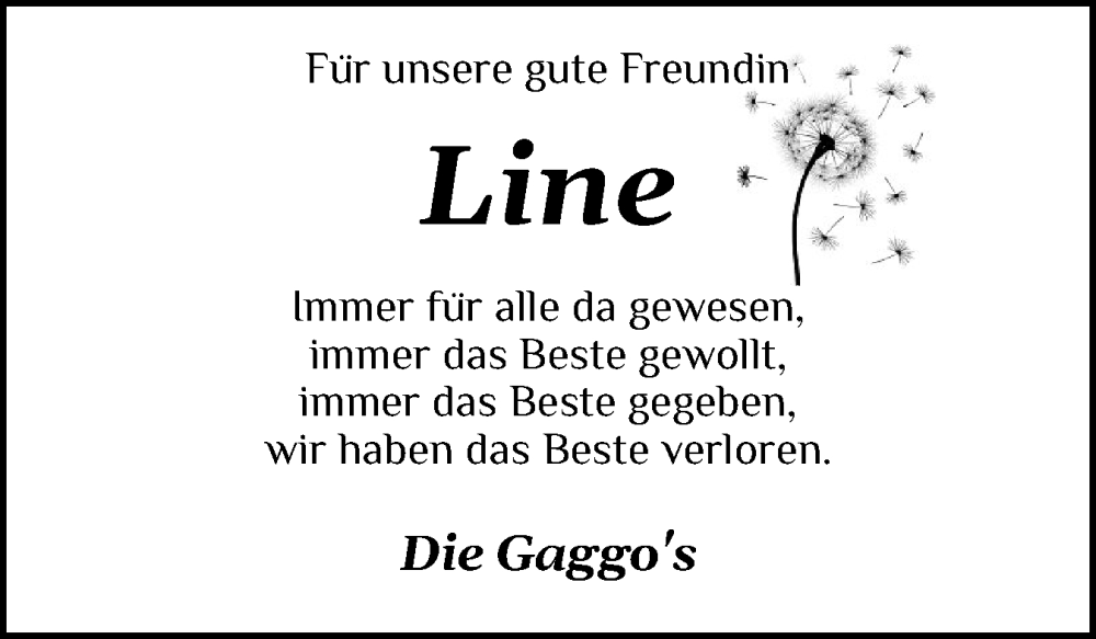  Traueranzeige für Line  vom 04.05.2024 aus Eckernförder Zeitung, Hallo Eckernförde