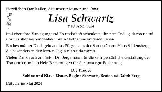 Traueranzeige von Lisa Schwartz von Schleswig-Holsteinische Landeszeitung