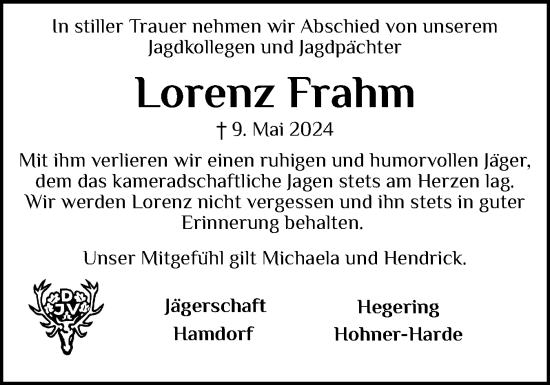 Traueranzeige von Lorenz Frahm von Schleswig-Holsteinische Landeszeitung