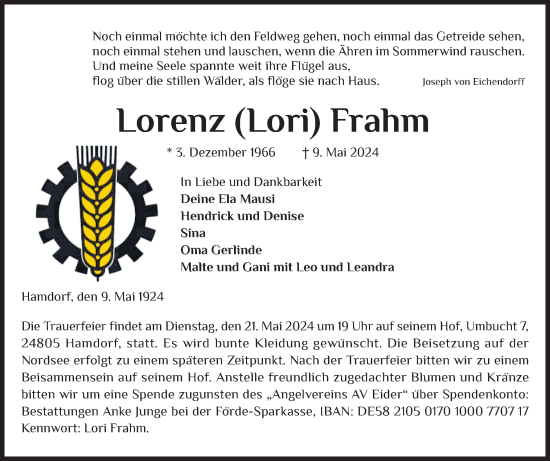 Traueranzeige von Lorenz Frahm von Schleswig-Holsteinische Landeszeitung