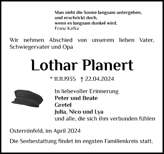 Traueranzeige von Lothar Planert von Schleswig-Holsteinische Landeszeitung