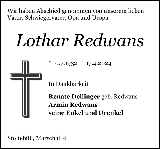 Traueranzeige von Lothar Redwans von Schleswiger Nachrichten, Schlei-Bote
