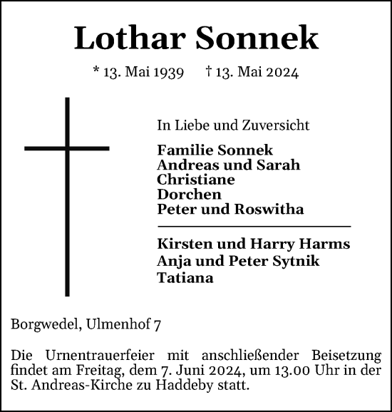 Traueranzeige von Lothar Sonnek von Schleswiger Nachrichten, Schlei-Bote