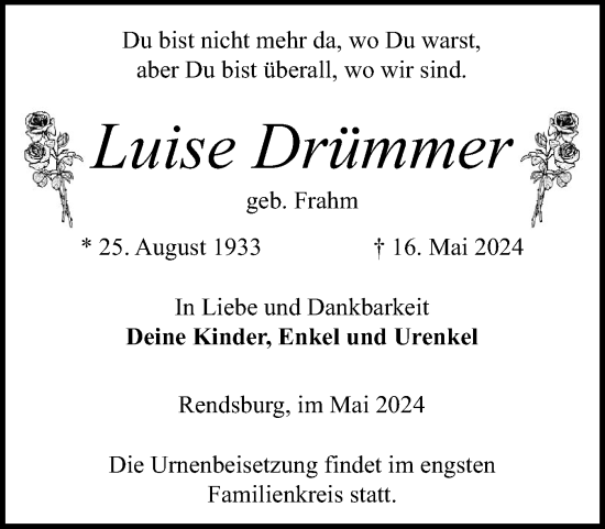 Traueranzeige von Luise Drümmer von Schleswig-Holsteinische Landeszeitung