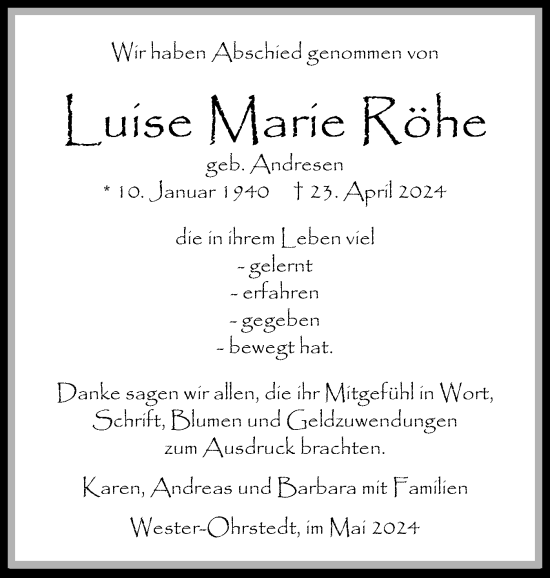 Traueranzeige von Luise Marie Röh von Region Flensburg