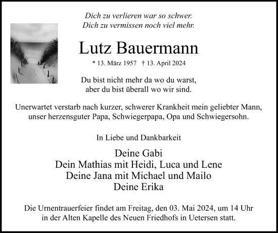 Traueranzeige von Lutz Bauermann von Uetersener Nachrichten, Der tip am Wochenende