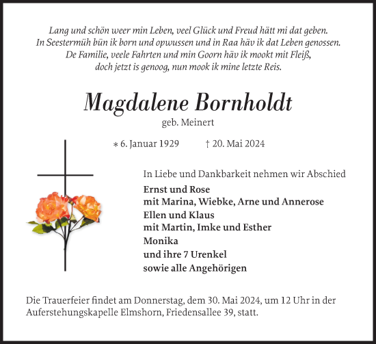 Traueranzeige von Magdalene Bornholdt von Elmshorner Nachrichten, Barmstedter Zeitung