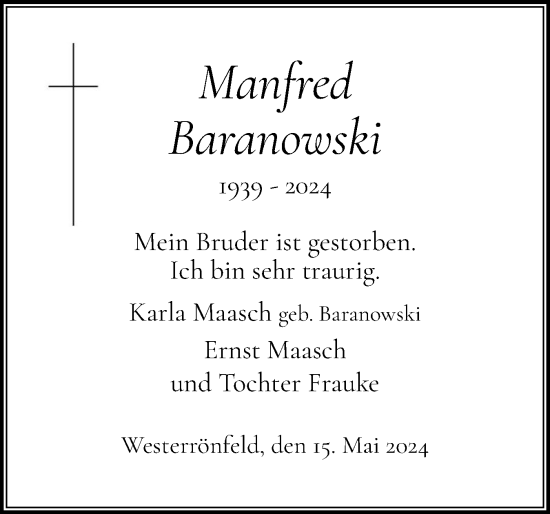 Traueranzeige von Manfred Baranowski von Schleswig-Holsteinische Landeszeitung