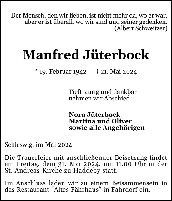 Traueranzeige von Manfred Jüterbock von Schleswiger Nachrichten, Schlei-Bote