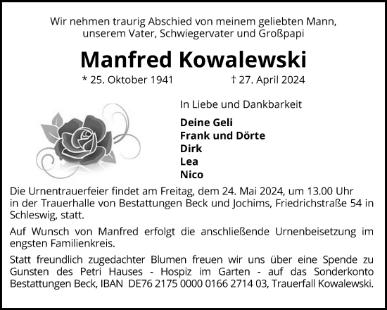 Traueranzeige von Manfred Kowalewski von Schleswiger Nachrichten, Schlei-Bote