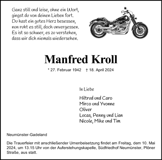 Traueranzeige von Manfred Kroll von Holsteinischer Courier