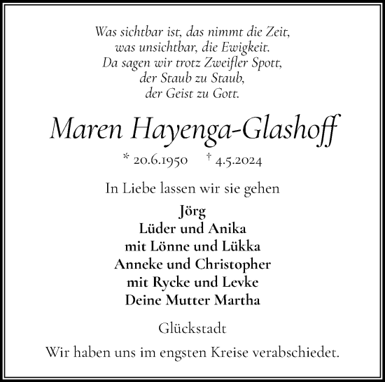 Traueranzeige von Maren Hayenga-Glashoff von Norddeutsche Rundschau, Wilstersche Zeitung, Glückstädter Fortuna