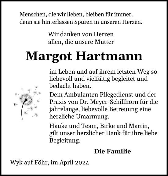 Traueranzeige von Margot Hartmann von Der Insel-Bote