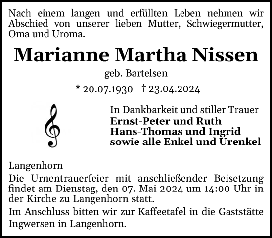 Traueranzeige von Marianne Martha Nissen von Husumer Nachrichten, Nordfriesland Tageblatt