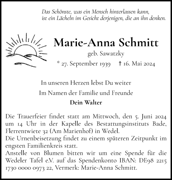 Traueranzeige von Marie-Anna Schmitt von Wedel-Schulauer Tageblatt, tip Wedel-Schulauer Tageblatt, tip Rissener Rundschau