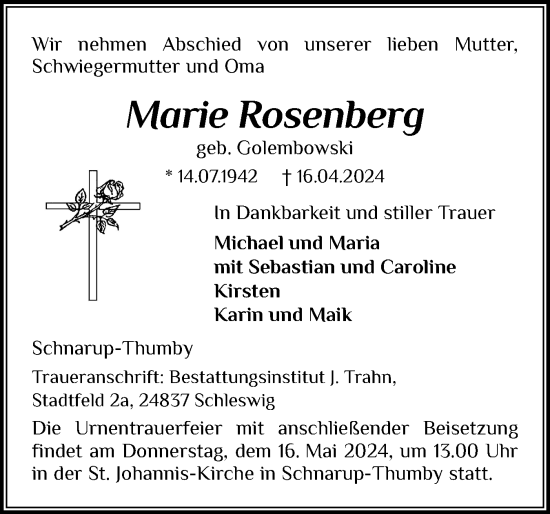 Traueranzeige von Marie Rosenberg von Schleswiger Nachrichten, Schlei-Bote