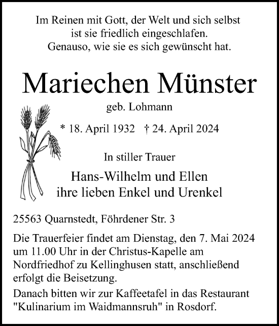 Traueranzeige von Mariechen Münster von Region Steinburg-Elmshorn
