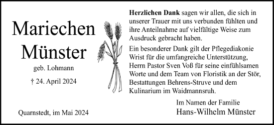 Traueranzeige von Mariechen Münster von Region Steinburg-Elmshorn