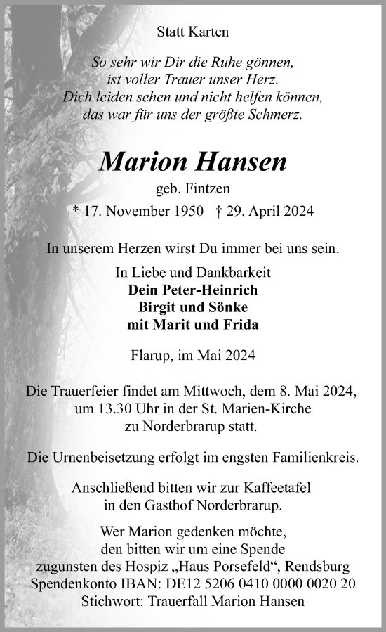 Traueranzeige von Marion Hansen von Schleswiger Nachrichten, Schlei-Bote
