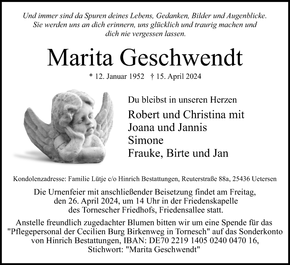  Traueranzeige für Marita Geschwendt vom 20.04.2024 aus Region Pinneberg und tip Pinneberg