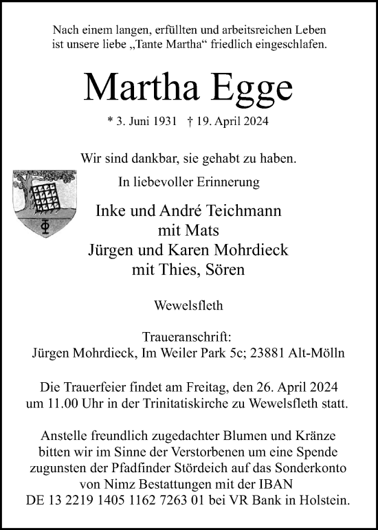 Traueranzeige von Martha Egge von Norddeutsche Rundschau, Wilstersche Zeitung, Glückstädter Fortuna