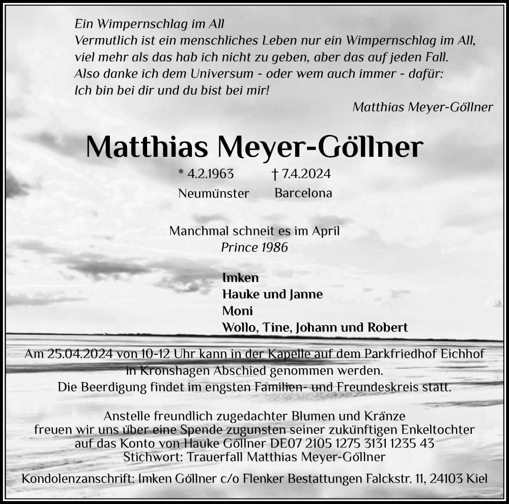  Traueranzeige für Matthias Meyer-Göllner vom 20.04.2024 aus Holsteinischer Courier