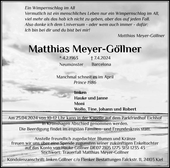 Traueranzeige von Matthias Meyer-Göllner von Holsteinischer Courier