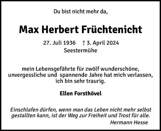 Traueranzeige von Max Herbert Früchtenicht von Elmshorner Nachrichten, Barmstedter Zeitung