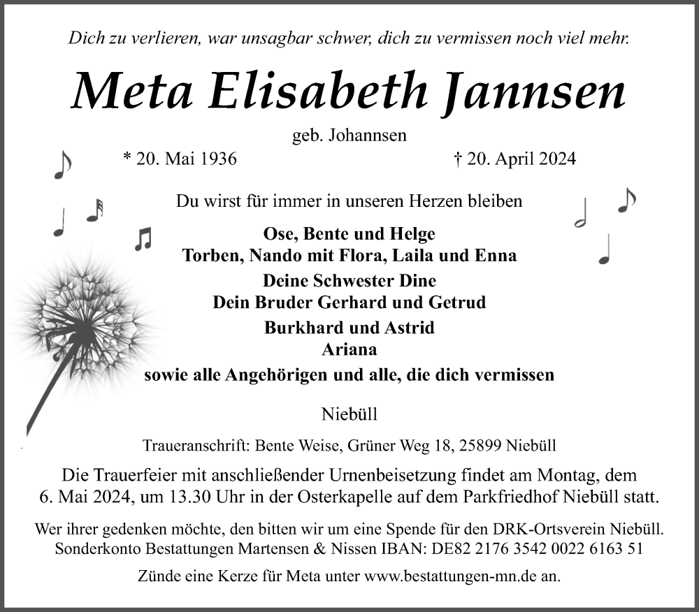  Traueranzeige für Meta Elisabeth Jannsen vom 24.04.2024 aus Husumer Nachrichten, Nordfriesland Tageblatt