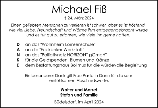 Traueranzeige von Michael Fiß von Schleswig-Holsteinische Landeszeitung