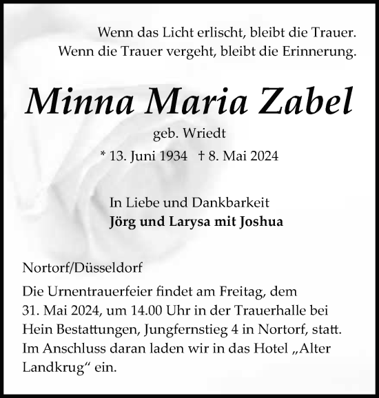 Traueranzeige von Minna Maria Zabel von Schleswig-Holsteinische Landeszeitung