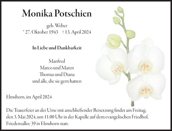 Traueranzeige von Monika Potschien von Elmshorner Nachrichten, Barmstedter Zeitung