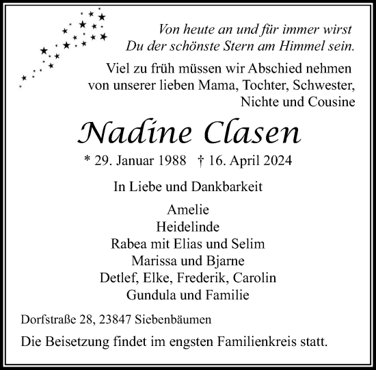 Traueranzeige von Nadine Clasen von Stormaner Tageblatt